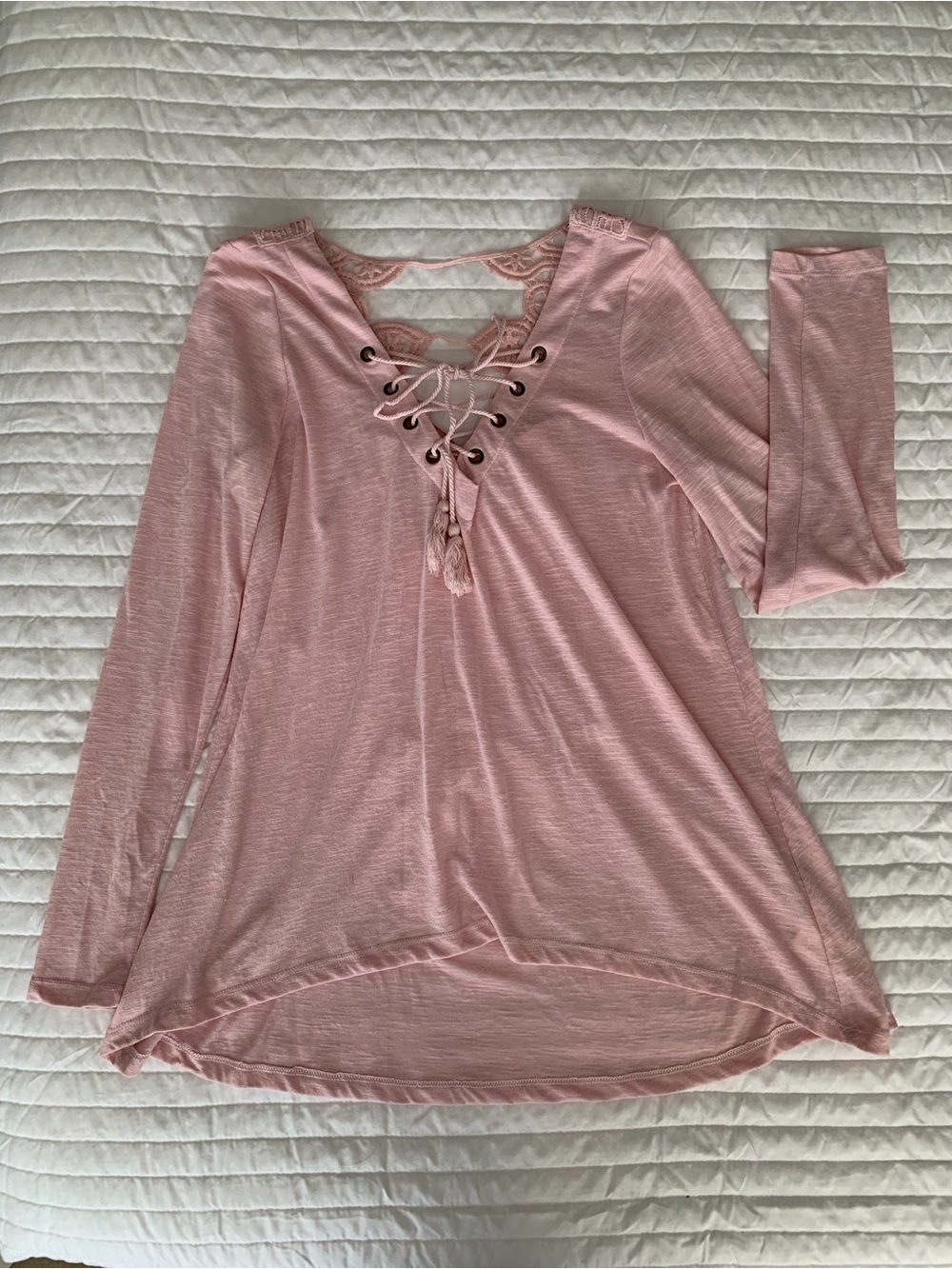 Taylor Sage Pink Embroidered Criss Cross V Neck Long Sleeve Top S